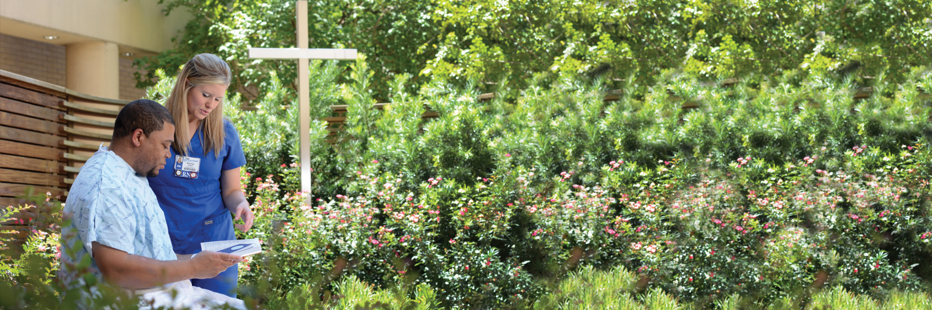 Nurse and patient outdoors