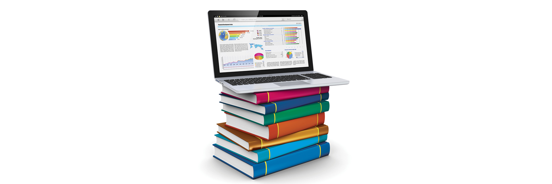 Laptop computer stacked on top of a pile of books. 