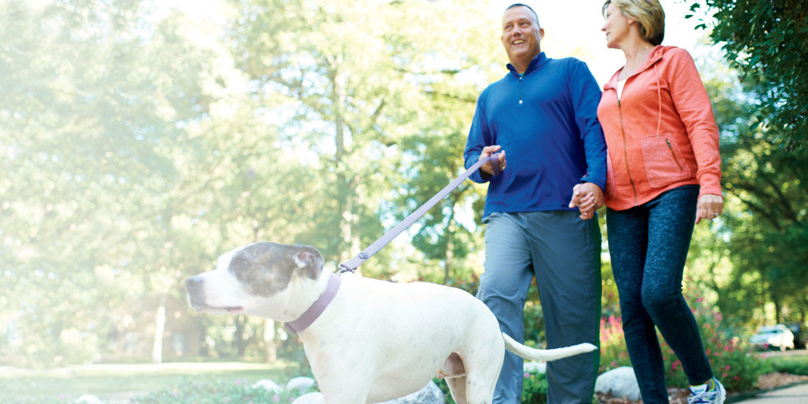 Couple Walks Dog Outdoors