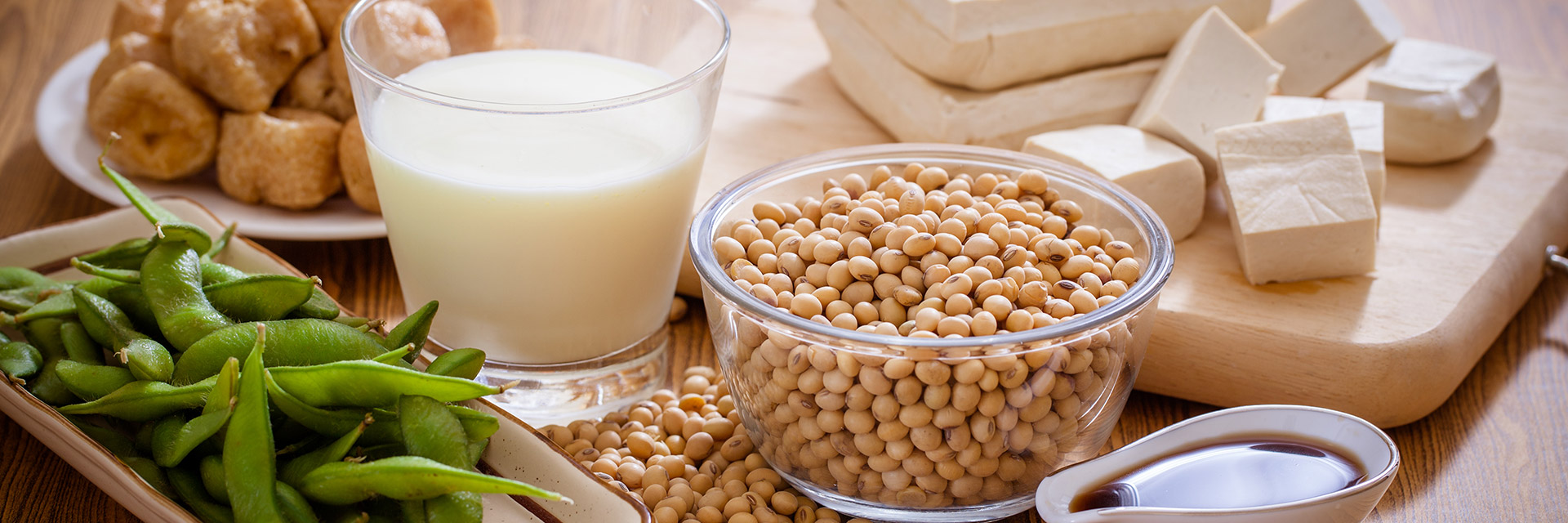 Beans, milk and tofu on a table