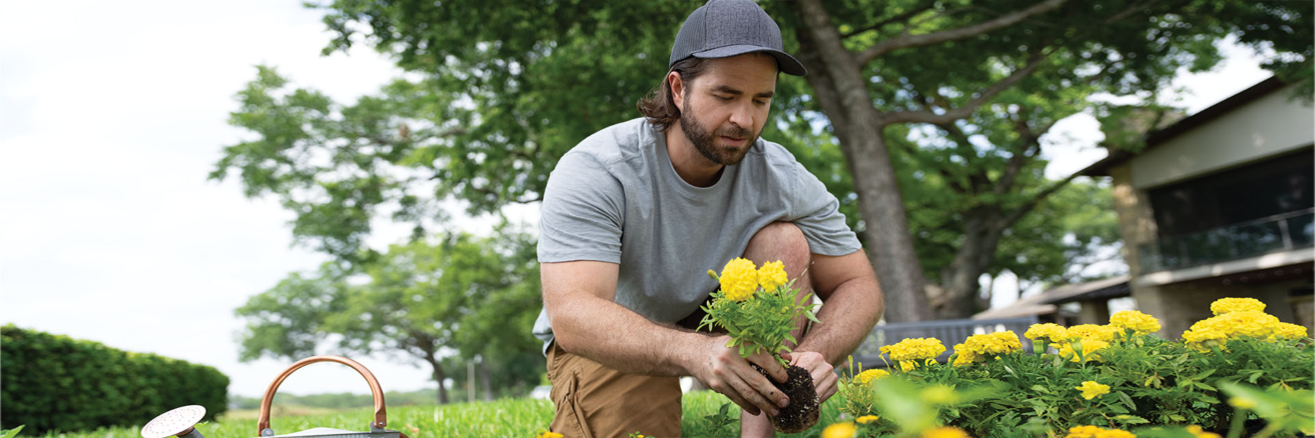 Man planting yellow flowers outdoors
