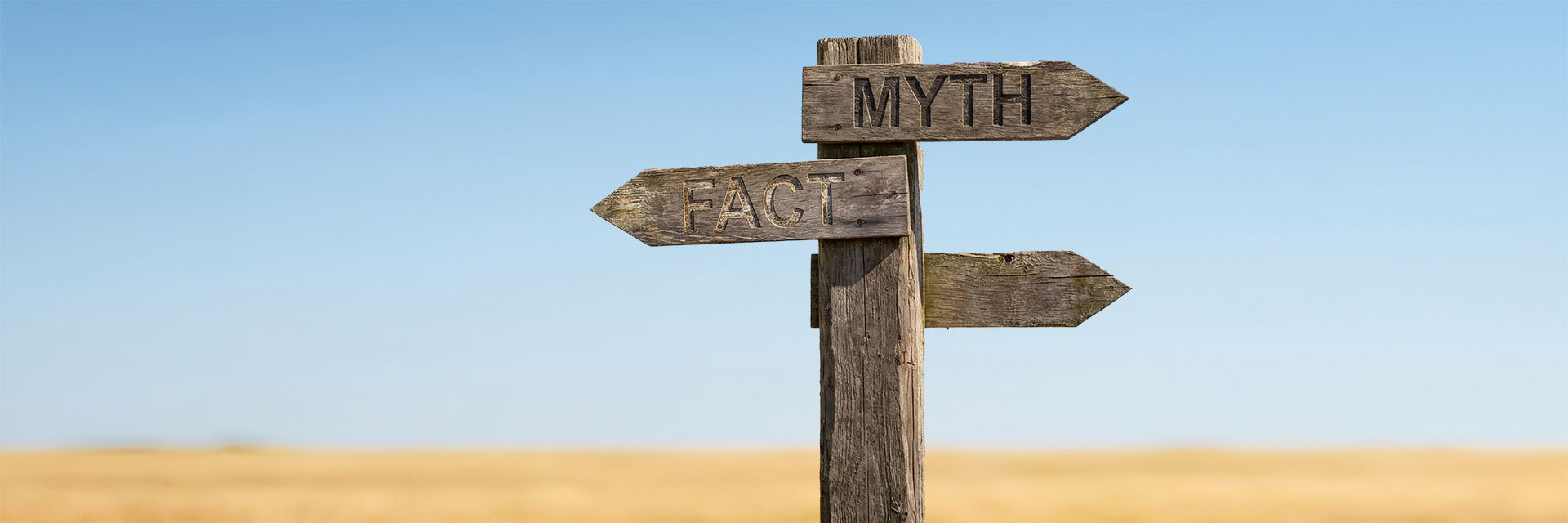 Wooden sign with myth pointing one direction and fact pointing in the other direction