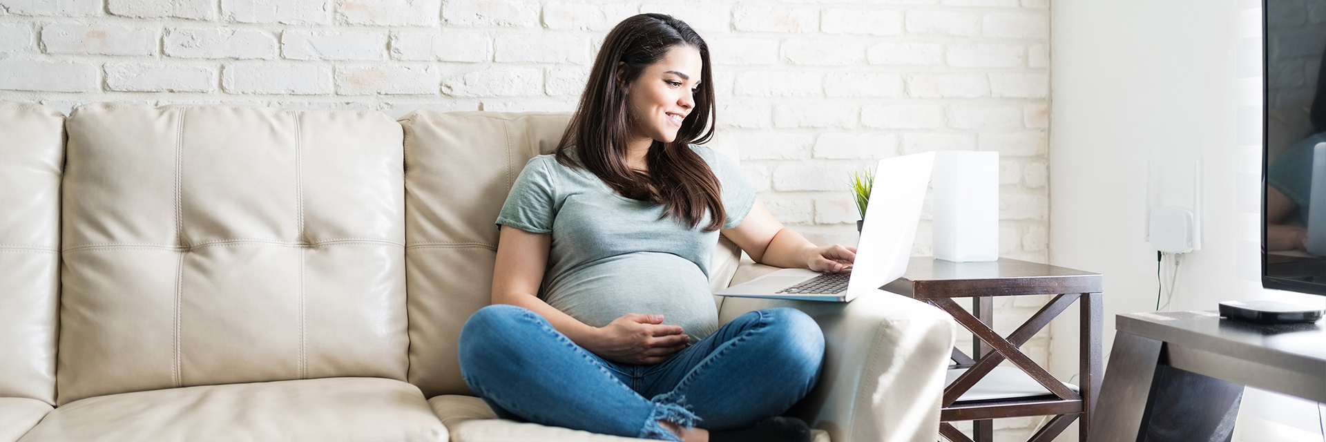 Pregnant woman on couch using laptop