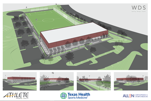 An artist's rendering depicts the new facility, including an indoor training turf field and a full-length outdoor soccer field.