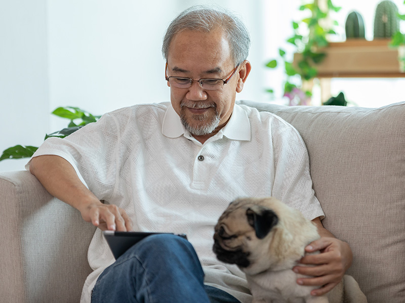 Man with dog using tablet